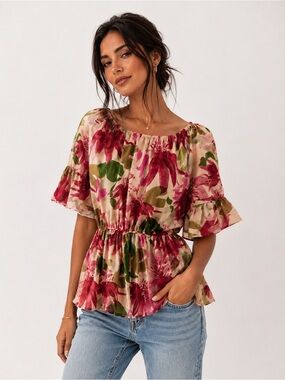 Arkitect Gathered Waist Floral Blouse - Cream with Pink & Green Print
